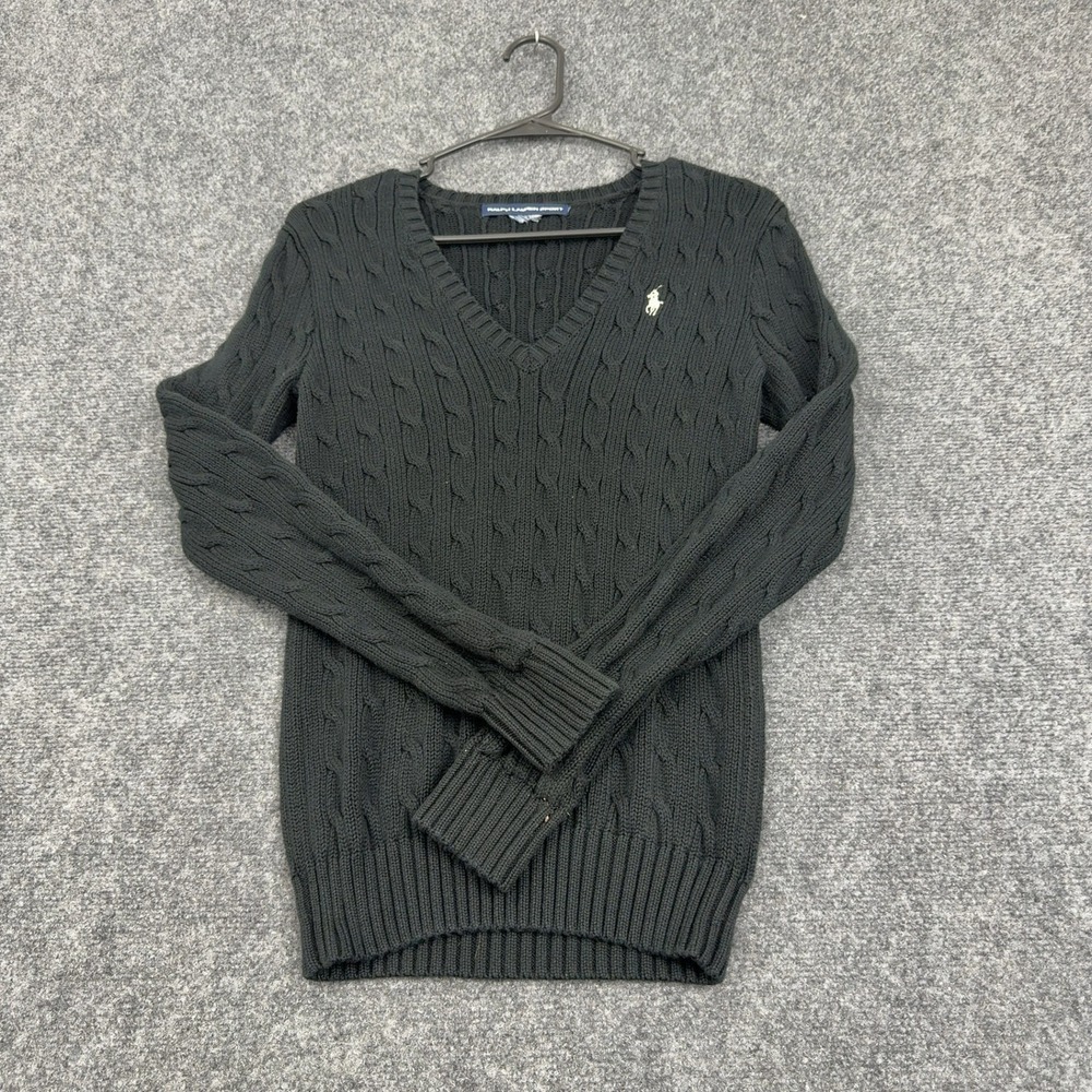 Ralph Lauren Women's Black Cable Knit V-Neck Sweater